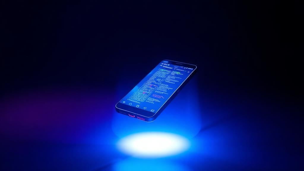 Svævende telefon med lysende datapaneler