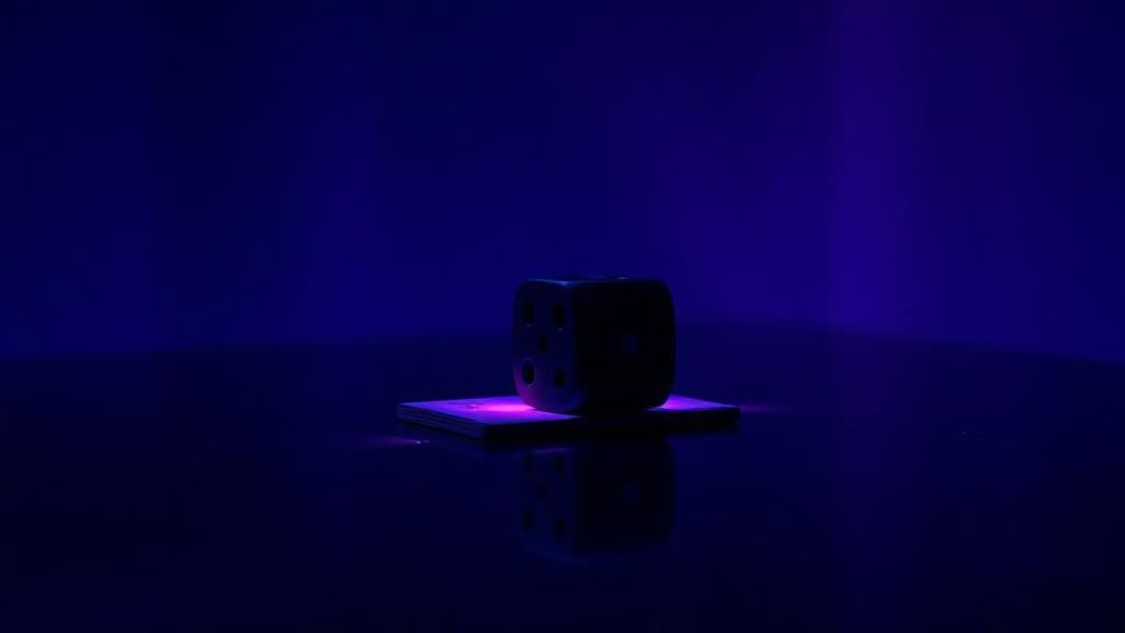 Mørk terning og et spillekort i violet lys