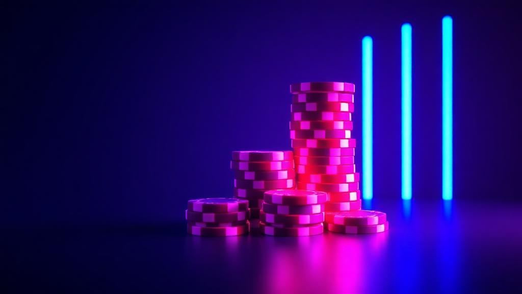 Stakke af jetoner som en søjlegraf i violet neonlys
