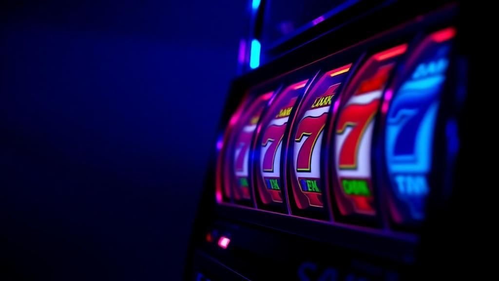 Mørk spilleautomat set fra siden i blåt lys